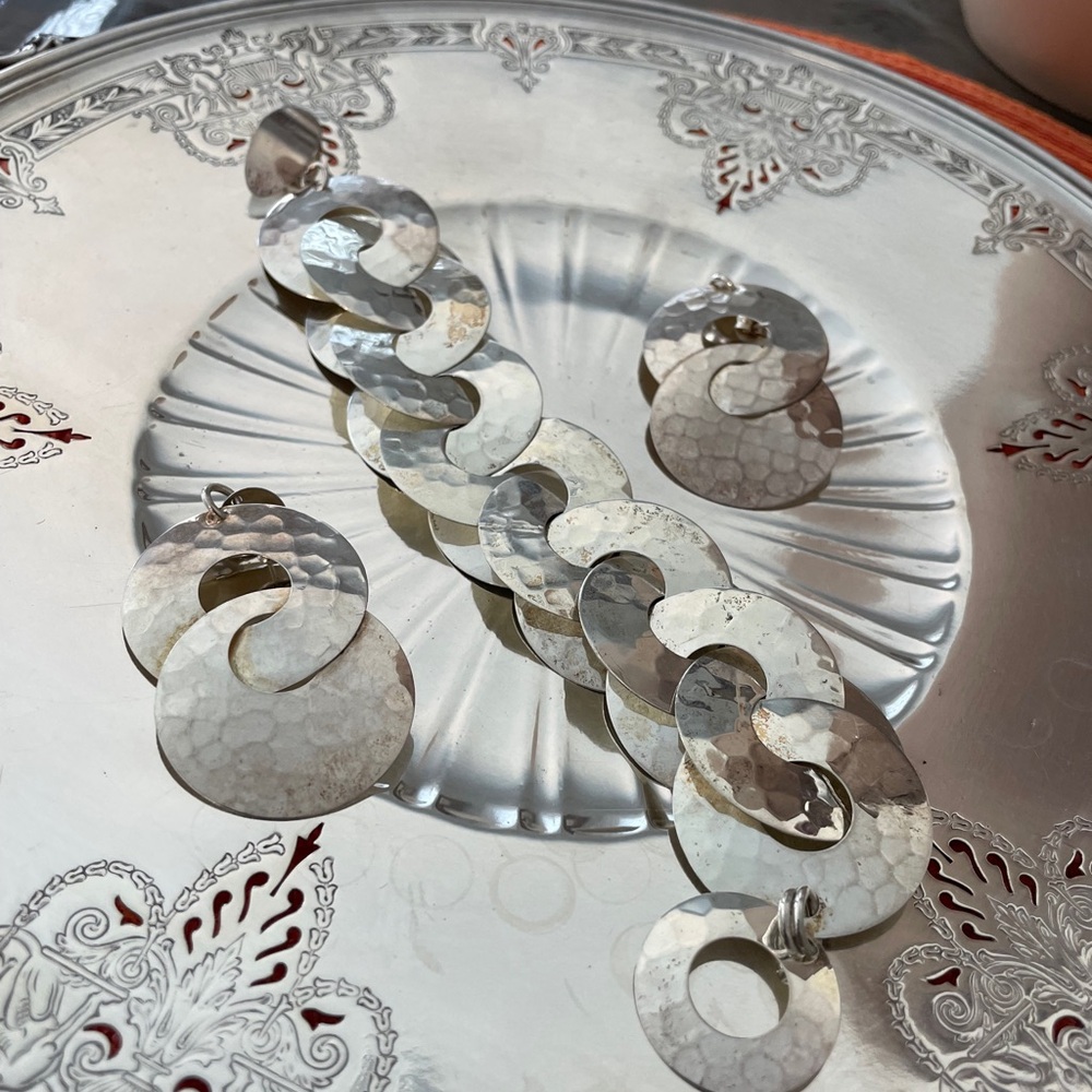 Vintage Sterling Silver Hammered Circle Bracelet and Earrings Set